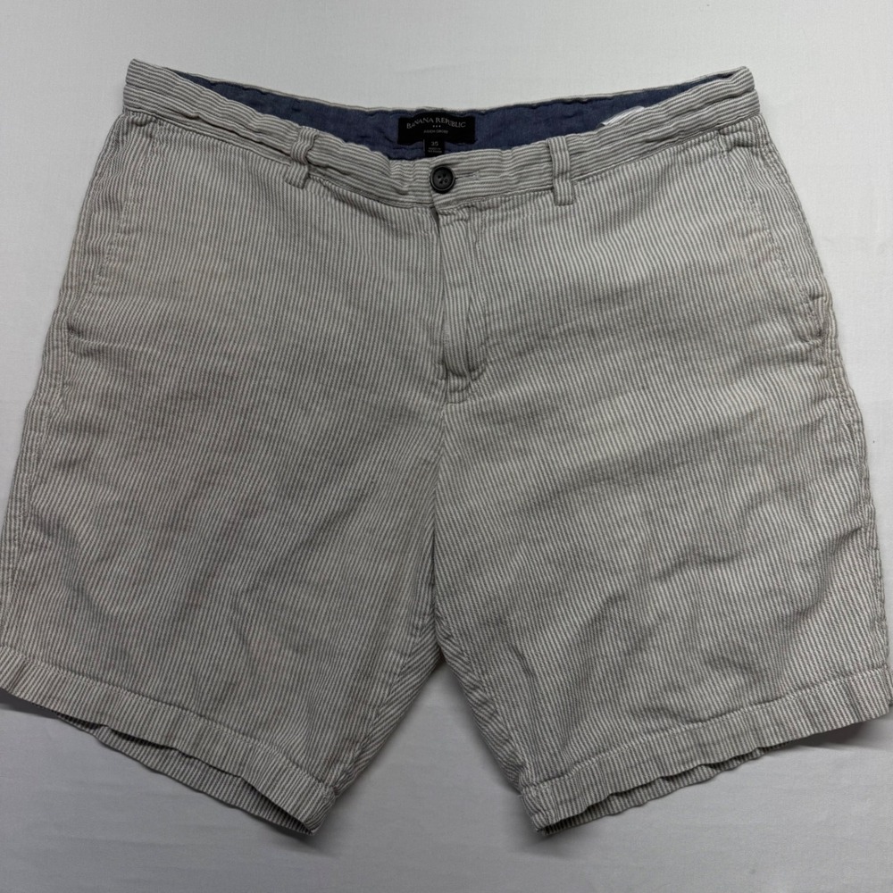 Banana Republic Aiden Shorts 35 Striped Chino Casual Summer Mens Linen Cotton